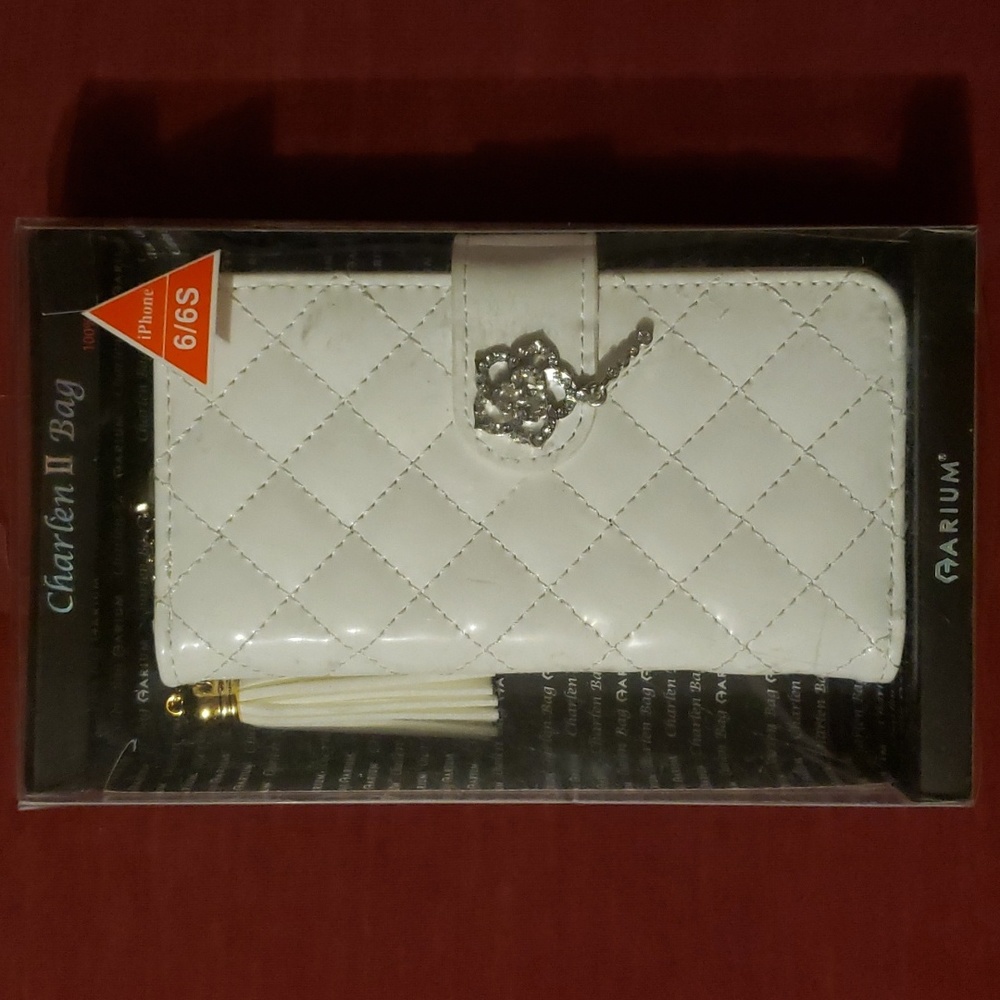 White w/ Rhinestones and dangling heart and pom pom iPhone 6/6s phone case